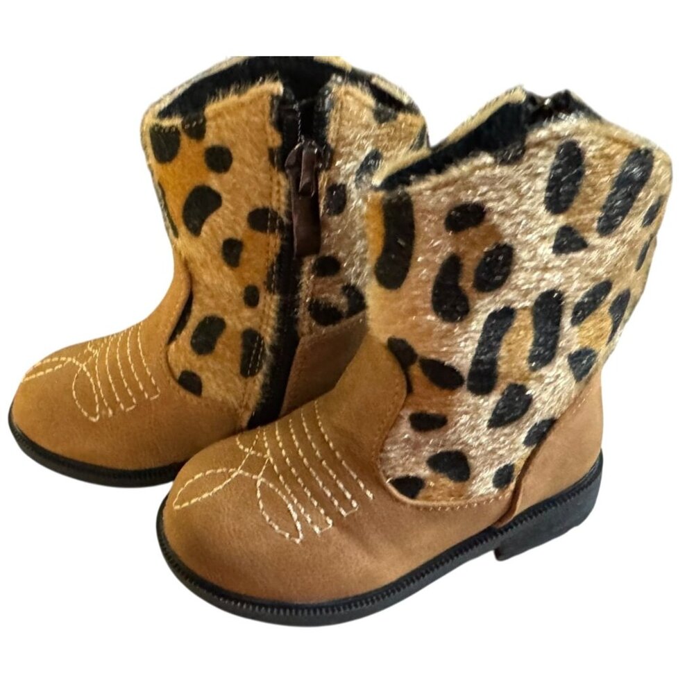 Toddler Girls‎ Cozy Cub Leopard Faux Cow Fur Cowboy Boots Size 4.5 NWB